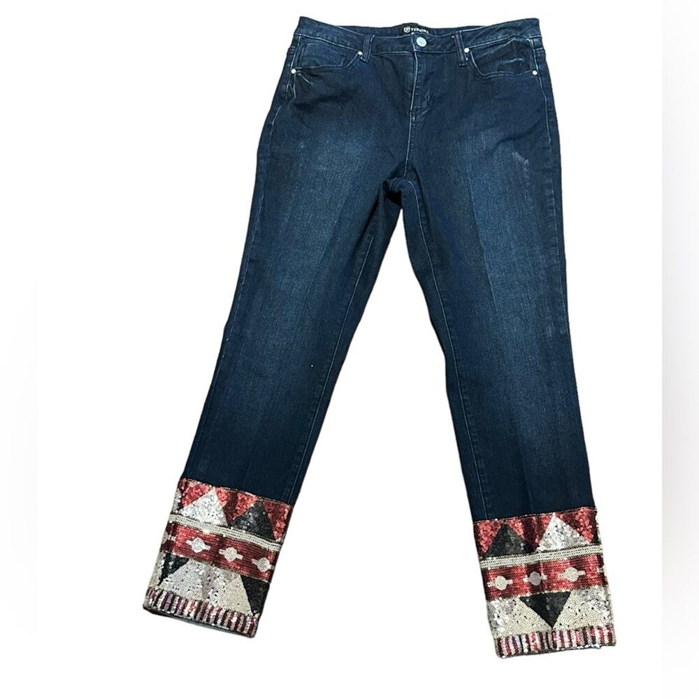 Versona Womens Size 29 x 27 Cropped Sequined Hem Denim Jeans
